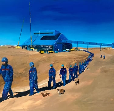 a group of people in blue uniforms walking with their pets down a dirt road