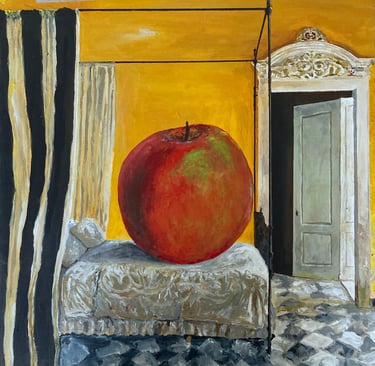 a painting of a giant red apple on a bed