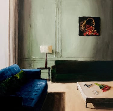a painting of a living room with a couch and a table with hun, roses and handcuffs 