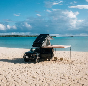 Camping with Toyota FJ Cruiser on a beach in Okinawa