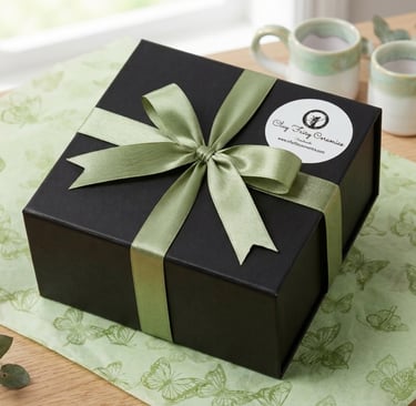 Gift-wrapped Irish pottery in luxury black box with green ribbon for international tracked shipping