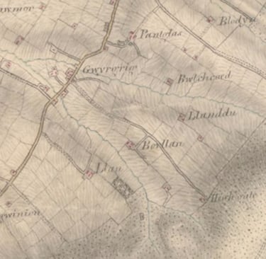 1811 map of Gwyddgrug showing Berllan farm