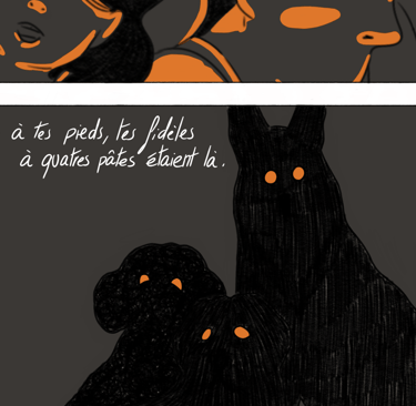 Troisième page du projet Demain, dès l’aube. On y voit deux enfants et des silhouettes de chiens