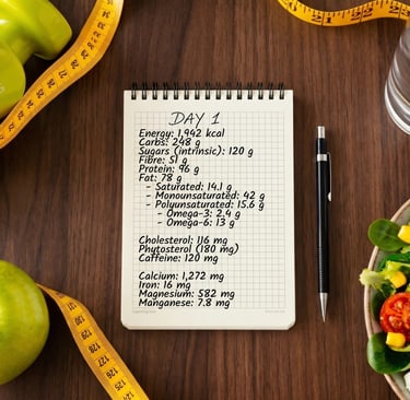 Nutrition tracking notebook on a desk with healthy salad, green apple, dumbbells, and measuring tape.