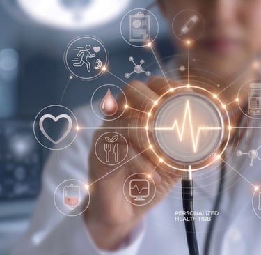 Digital healthcare interface showing medical icons and heartbeat analytics for personalized patient data.