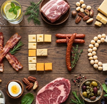 Keto diet health risks, high fat foods including meat and cheese on a table