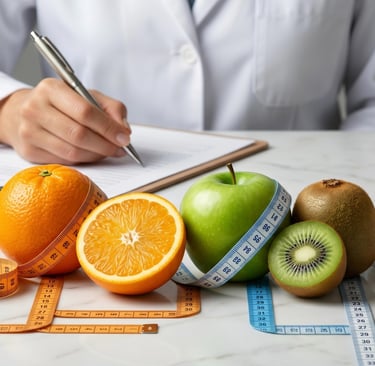 A nutritionist writing a healthy meal plan behind fresh fruit wrapped in measuring tapes for weight loss.