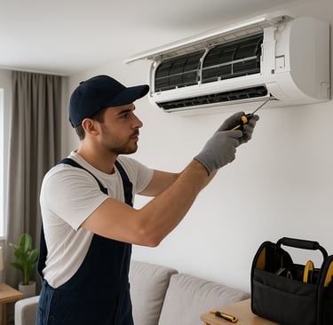 HVAC technician repairing air conditioner in Abu Dhabi during AC maintenance service