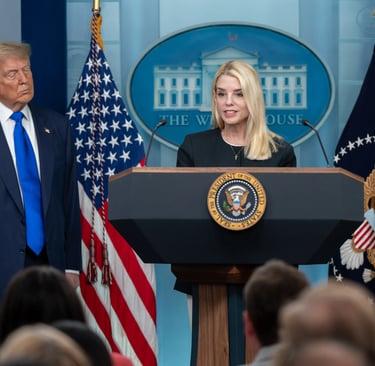 President Donald Trump holds a press conference with Attorney General Pam Bondi and Deputy Attorney 