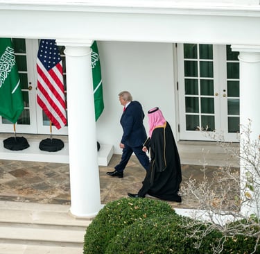 President Donald Trump walks with Saudi Crown Prince Mohammed bin Salman along the White House
