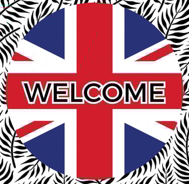 a british flag with the word welcome to the uk