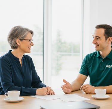 Professional business consultant in a green polo shirt discussing documents with a client in a bright office.