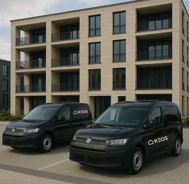 two vans parked in front of a building