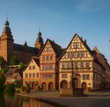 Historic German town square featuring timber-framed houses, Schloss Johannisburg castle, and St. Mary’s Church.