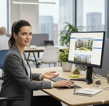 Professional architect using real estate management software on a computer in a modern office.