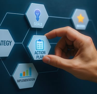 Hand selecting an ‘Action Plan’ icon connected to strategy and goals.