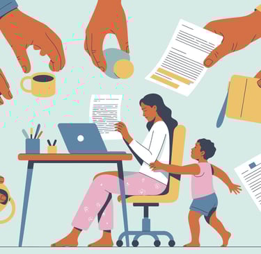 Illustration of a woman working at a desk as hands offer work and a child tugs at her arm.