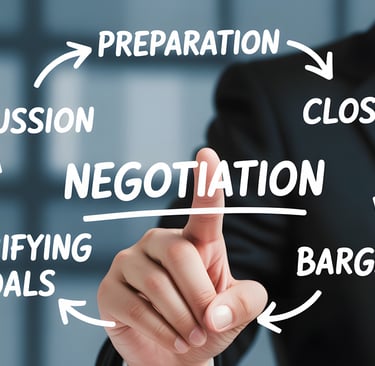 A businessman pointing to a business negotiation cycle diagram showing preparation, bargaining, and closure steps.