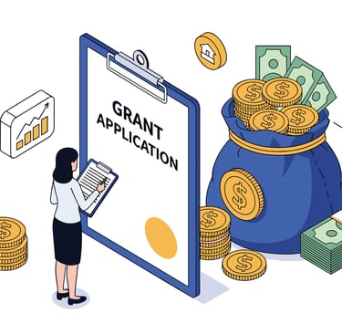 Illustration of a person completing a grant application with money and coins representing funding