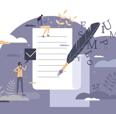 Illustration of people reviewing and writing a document with a pen, symbolizing crafting a cover let