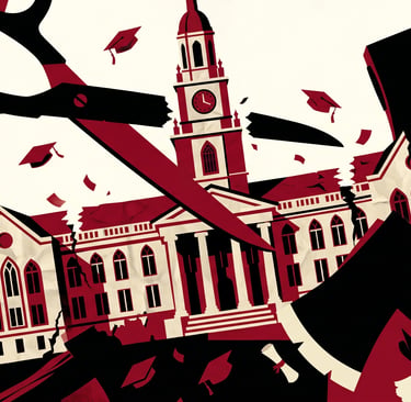 Red and black illustration of a college campus being cut apart by giant scissors and an axe.