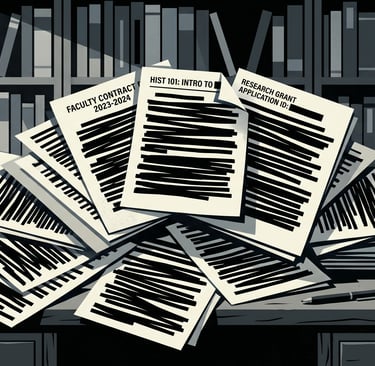 Stack of heavily redacted higher education documents on a desk in front of bookshelves.