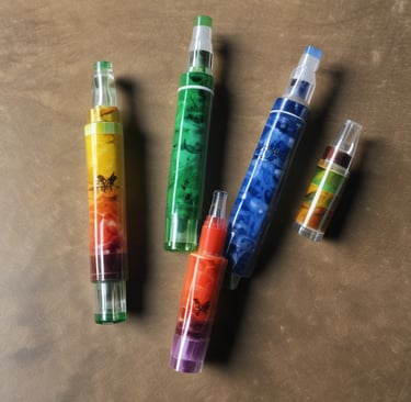 A vape device with a digital display showing the number 45 is surrounded by colorful smoke. The scene is illuminated with purple and blue lighting, giving it a modern and stylish aesthetic. The vape sits on a surface with a blurred background, emphasizing its sleek design.