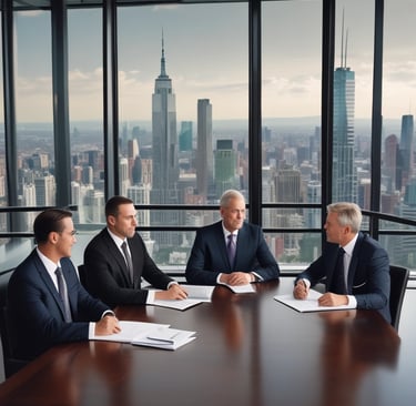 Four men in business attire are engaged in a discussion around a table. One man appears to be explaining something while pointing at some documents in front of them. The others are listening attentively, and one holds a pen and a mobile device. The setting is a plain office environment.
