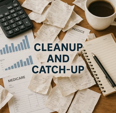 desk covered with receipts and paperwork showing bookkeeping cleanup and catch-up process