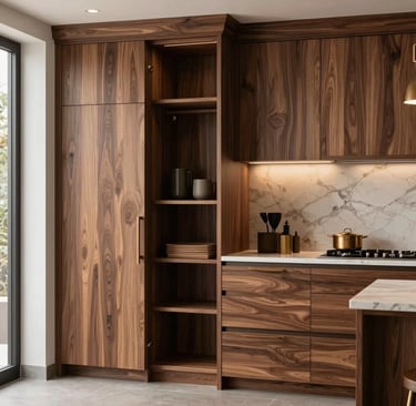 A luxurious kitchen setting with metal accents, glass splashbacks, and premium appliances seamlessly integrated.