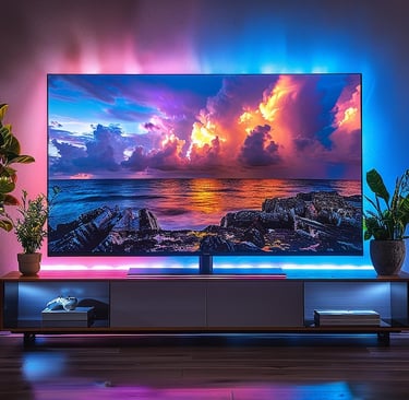 a tv screen showing a beautiful sunset over the ocean