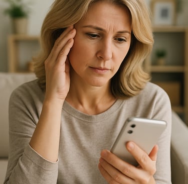 a woman in her forties looks at a smart phone worriedly