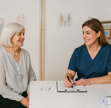 a doctor wearing navy scrubs is caring for an elderly female patient, both are smiling warmly