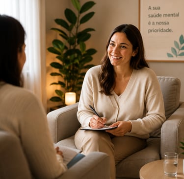 A smiling female psychologist conducts a mental health therapy session in a cozy office.