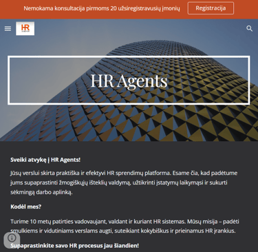 HR Agents svetainės pagrindinio puslapio planšetės versija: modernus dizainas ir navigacija.