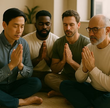 a group of men sitting on the floor with their hands together