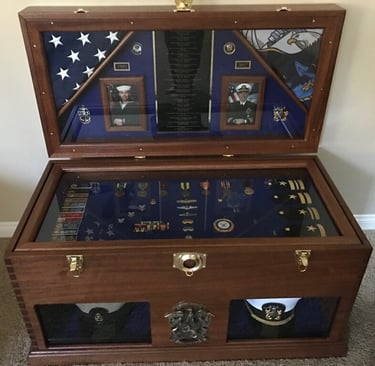 Custom Hand Crafted Mahogany Display chest with  inside lid mounted display and removable  Shadowbox