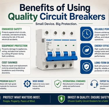 Infographic showing benefits of quality circuit breakers like safety, equipment protection, and energy efficiency.
