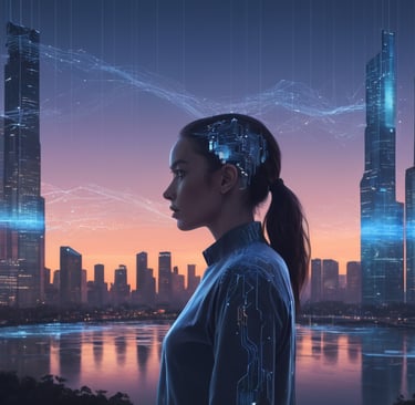 A human figure in a city of AI