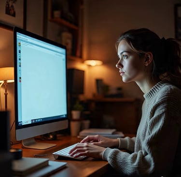 A woman is sitting at a computer table typing