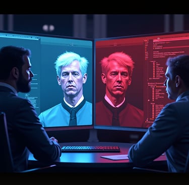 Two male computer programmers sitting at a big desk with screen