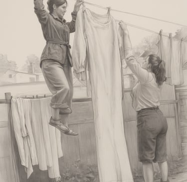 Two women hanging clothes on a line