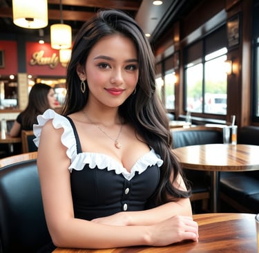 A woman wearing a black dress in a restaurant