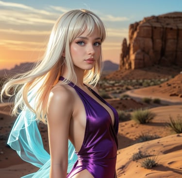 A woman in the desert wearing a purple costume