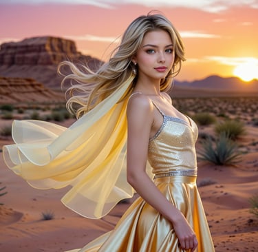 A woman in a gold dress in the desert