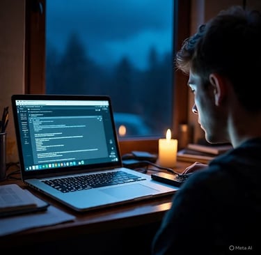 A man sitting in front of a laptop with a burning candle