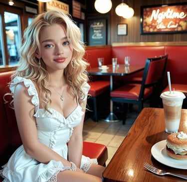 Woman in a white dress sitting in a restaurant
