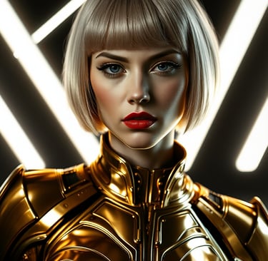 A woman in a metal golden suit