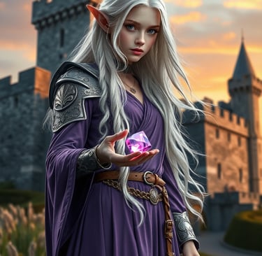 A elf woman standing in front of a Castle