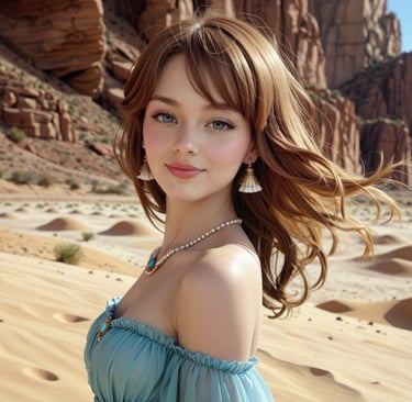 A woman in a green top in the desert